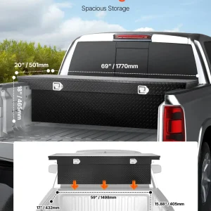 VEVOR Crossover Truck Tool Box, 69x20x18 In, Heavy Duty Aluminum Toolbox with Diamond Texture, Pick Up Truck Bed RV Trailer Toolbox, Waterproof Storage Organizer with Lock, Keys, Side Handles, Black